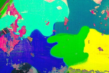 Vibrant abstract graffiti texture in neon blue, green, pink. 90s, acid style, fluorescent layers, bold shapes. Backgrounds, digital art, modern 90s, 2000s, Y2K creative banner.