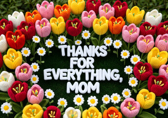 Crochet tulips and daisies forming a lush garden surrounding “Thanks for Everything, Mom”