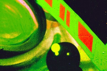 Vivid graffiti art in fluorescent green, black with bold lines. 90s retro, urban aesthetic, sharp contrasts. Posters, street art visuals, creative backgrounds, modern 90s, Y2K themes.