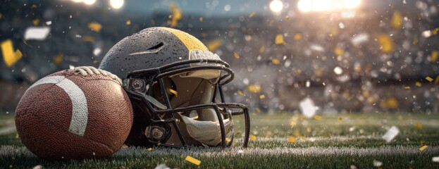 American football helmet and ball on field during game celebration  