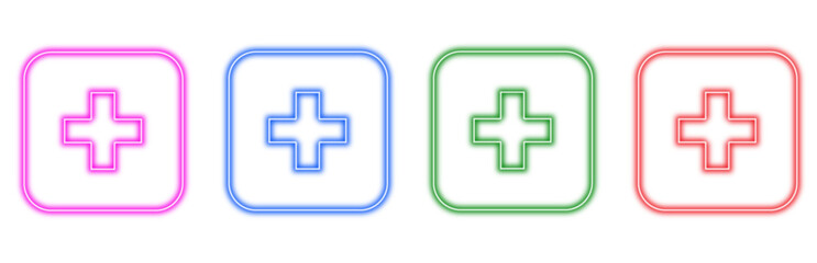 Obraz premium Colorful neon medical plus sign icons with glowing outlines inside rounded squares isolated on a white background representing healthcare and emergency services for digital design