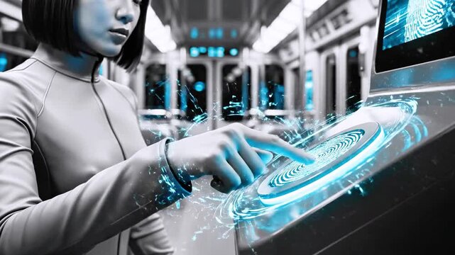 A futuristic woman uses a digital interface with fingerprint scanning in a modern subway