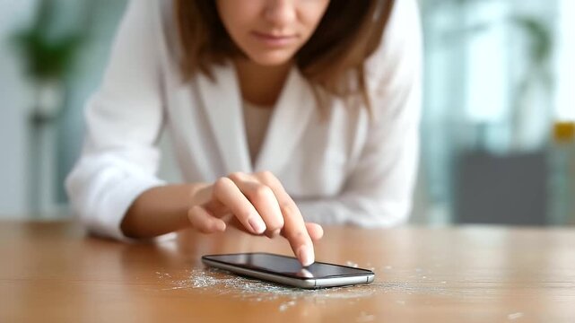 Woman hands picking up broken smartphone defocused ground, faceless accident scene, damaged phone visualization, blurred floor background, device drop concept, mobile interface, re