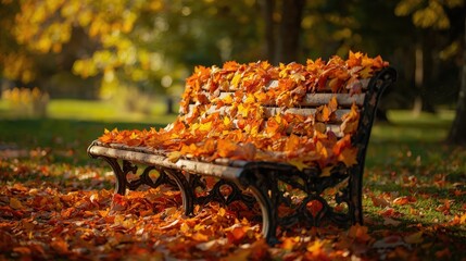 A park bench covered in fallen leaves during the autumn season with a blurred background of trees