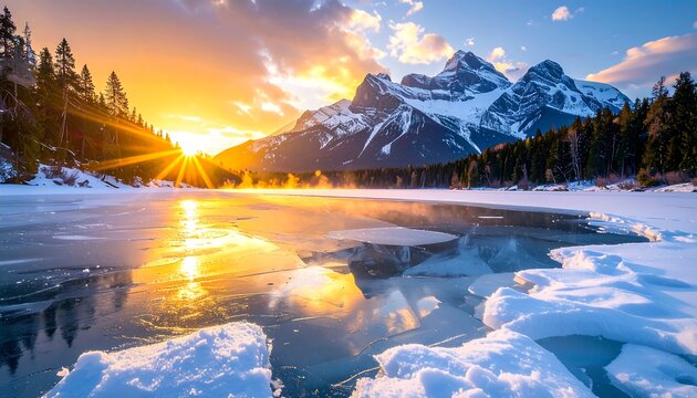 Stunning sunrise over a snow-covered mountain and frozen lake landscape
