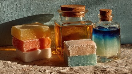 Colorful soaps and vials of liquids sit on a stone surface