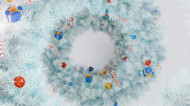 Decorative Christmas wreath made of pine needles with lollipops, miniature gifts and balloons. Suitable for use in holiday cards, advertising, decoration. 4K loop animation