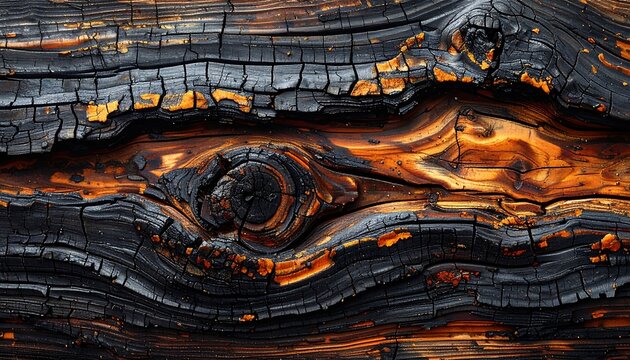 Close-up of charred wood, revealing rich textures and colors from burning. The knot creates visual interest with its unique design