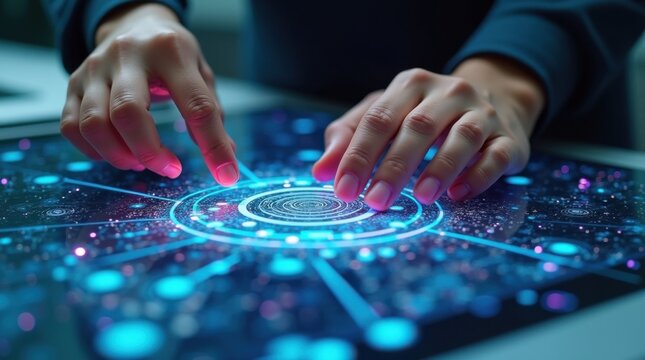 Manos manipulando intrincadas capas de circuitos digitales en una tableta