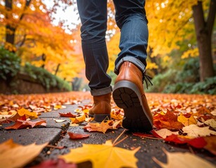 A person enjoying a leisurely autumn stroll through a park covered in vibrant golden leaves