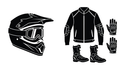 Motorcycle riding gear helmet jacket gloves pants and boots illustrated in black © Lhvect02