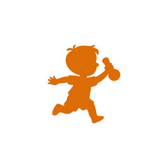 Orange Silhouette Of A Running Child With A Bottle Toy, Playful Motion For Kids Concept