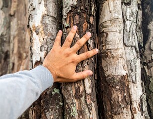 Human hand gently touching the rough, textured bark of an ancient tree trunk in a natural forest