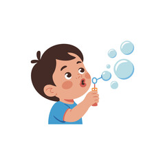 Cheerful Little Boy Blowing Bubbles With Wand Creating Playful Soap Bubbles