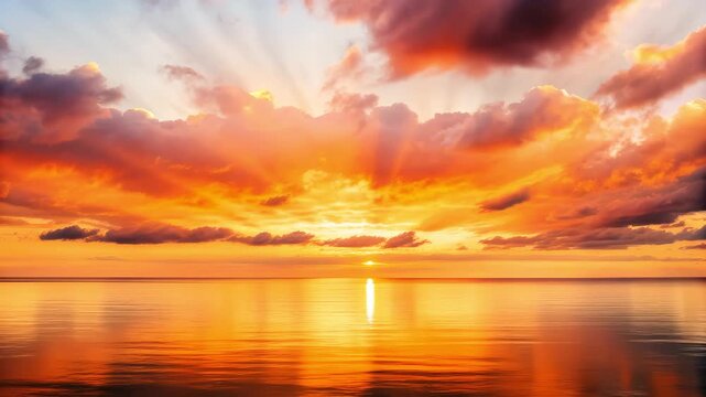 A beautiful sunrise over the sea with soft, glowing clouds drifting across the sky was captured as a calming motion video