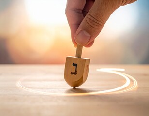 Hand spinning a traditional wooden dreidel, celebrating the spirit of Hanukkah with festive glow