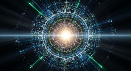 Abstract illustration of a digital portal with energy and data flowing through its core