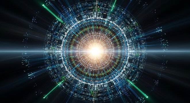 Abstract illustration of a digital portal with energy and data flowing through its core