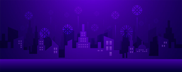 Purple city skyline silhouette with flat fireworks during celebration