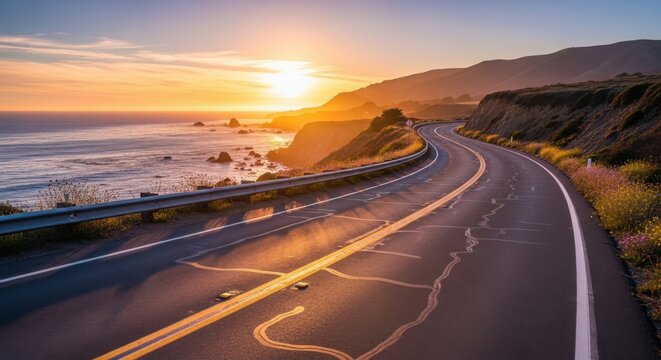Coastal road winding along the ocean at sunset
