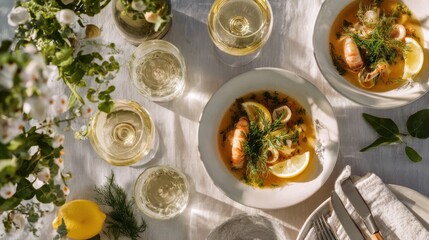 Elegant seafood dinner table scene with wine and fresh herbs for culinary inspiration,National Bouillabaisse Day