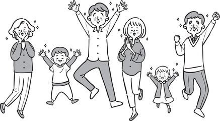 Naklejka premium 喜んでいる家族三世帯 全身 ベクター（モノクロ） 