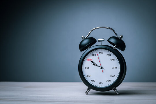 The hands of clock point to November on dial black alarm clock with copy space. Concept of monthly goal planning, important appointments and effective time management.