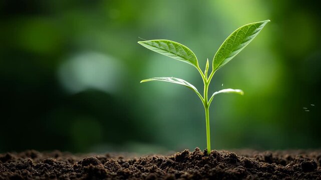 Fresh green plant sprouting from rich soil, symbolizing growth and renewal in nature