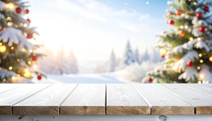 A festive scene features a white wooden table against a backdrop of snow-covered Christmas