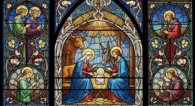 Stunning Nativity Scene in Vibrant Stained Glass Style for Christmas Projects and Religious Designs, Depicting Mary, Joseph, and Baby Jesus