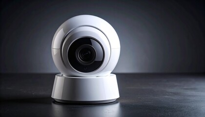Modern white smart security camera on minimalist surface with dark background, captured in clean professional product photography.