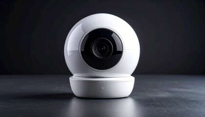 Modern white smart security camera on minimalist surface with dark background, captured in clean professional product photography.
