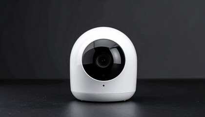 Modern white smart security camera on minimalist surface with dark background, captured in clean professional product photography.