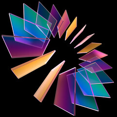 The panel discussion background with colorful glass elements. The inspirational backdrop for event. 3d render on black background.