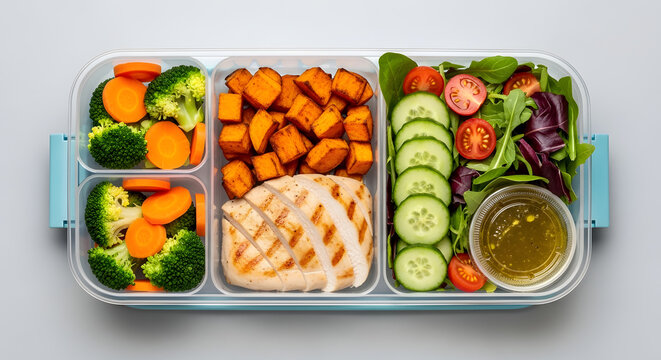 Healthy Lunch Box Grilled Chicken, Vegetables, and a Fresh Salad for a Balanced Meal