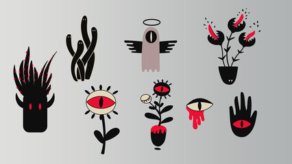 Dark gothic botanical icons with mystical eyes and symbolic shapes