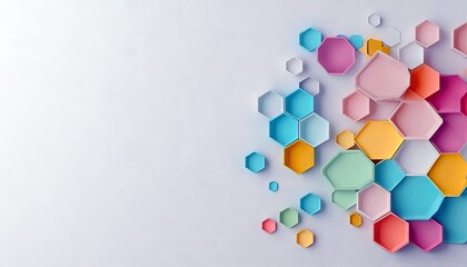 A collection of brightly colored hexagonal shapes are arranged in a dynamic cluster against a clean white background.