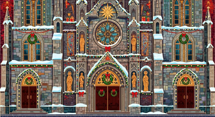 Festive church facade adorned with Christmas wreaths and twinkling lights, creating a warm, inviting atmosphere for seasonal celebrations and holiday spirit
