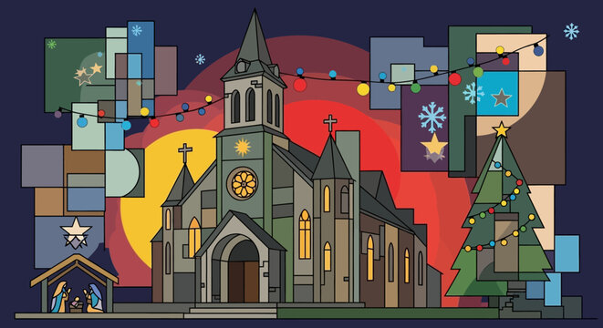Celebrate Christmas with a church and a Christmas tree, a beautiful reminder of faith and joy during the holiday season with Nativity scene