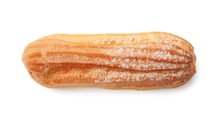 Tasty eclair with powdered sugar isolated on white, top view