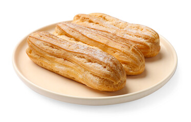 Tasty eclairs with powdered sugar isolated on white