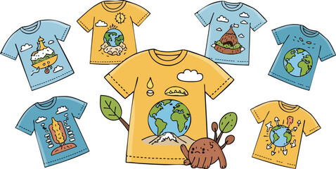 Fototapeta premium Collection Of Cartoon Earth Graphic T Shirts With Environmental Themes And Nature Elements