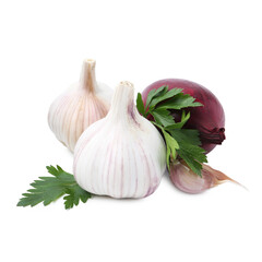 Garlic, onion and parsley isolated on white