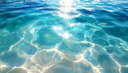 Close-up of shimmering turquoise water reflecting sunlight, creating a dazzling display of light and depth. The surface has gentle ripples