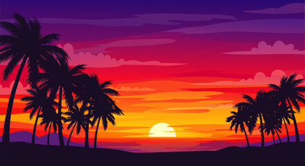 Breathtaking vector illustration of a vibrant tropical sunset with silhouetted palm trees on a serene beach © PDWN Creative