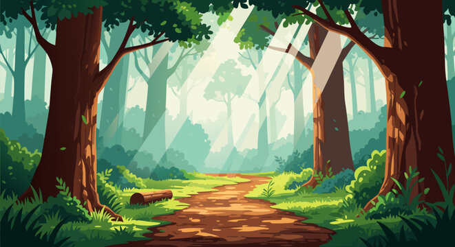 Enchanting forest pathway with magical sun rays shining through the trees, a serene and beautiful nature landscape vector illustration ee