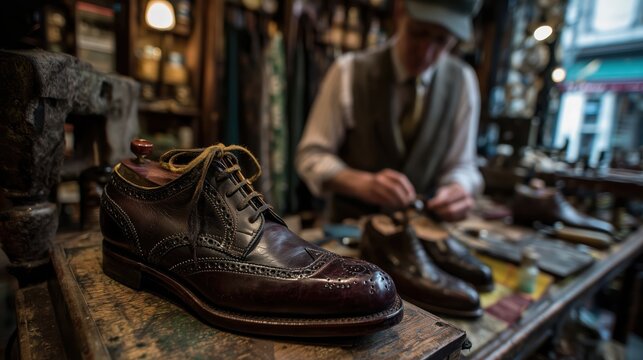 Brown leather shoe with intricate brogue detailing resting on a wooden workbench in a traditional shoemaking workshop with a craftsman in the background.