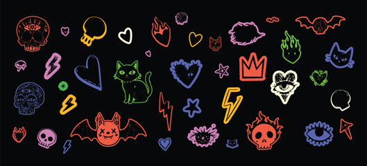 Neon Gothic Sticker Pack – Flaming Skulls, Cosmic Cats, Surreal Hearts & Punk Pop Icons