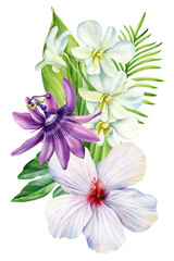 Tropical watercolor bouquet with passionflower orchids and hibiscus for exotic floral botanical design