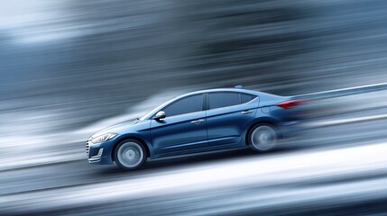 Obraz premium Sleek Blue Sedan in Motion on Snowy Road Captures the Essence of Winter Driving Experience